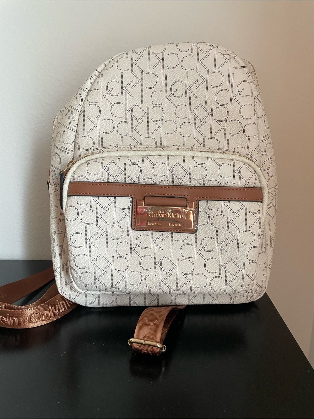 Calvin Klein Cream Monogram Mini Backpack with Brown Trim